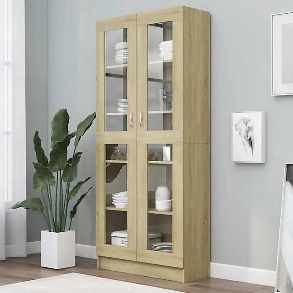 vidaXL Armoire Vitrine, Meuble de Rangement avec Compartiment, étagère de Salon Salle de Séjour Chambre Intérieur, Chêne 802771