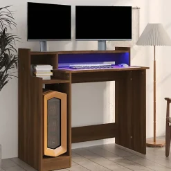 vidaXL Bureau à Lumières LED Table d'Ordinateur Table de Travail Meuble Informatique Meuble d'Etude Chêne Marron 97x45x90 cm 82047