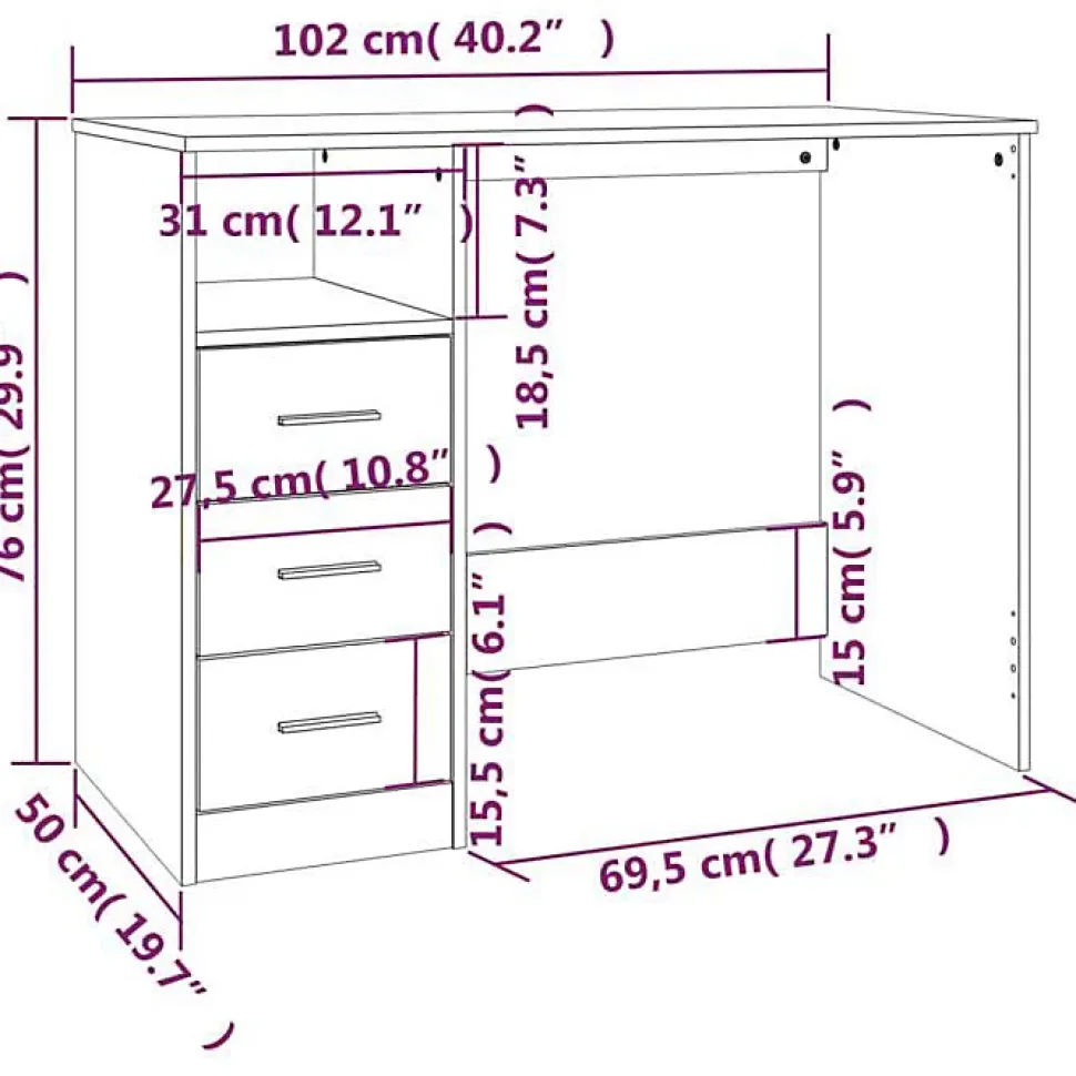 vidaXL Bureau avec tiroirs Sonoma gris 102x50x76 cm Bois d'ingénierie 823038