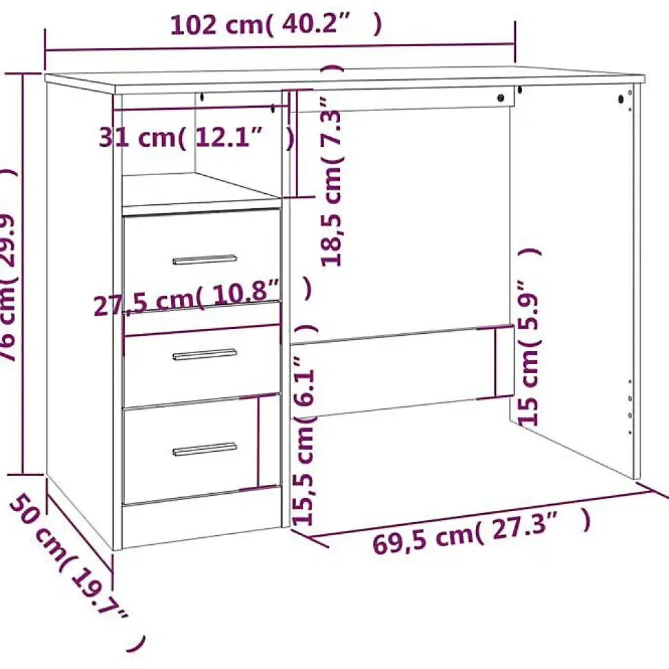 vidaXL Bureau avec tiroirs Blanc 102x50x76 cm Bois d'ingénierie 823032