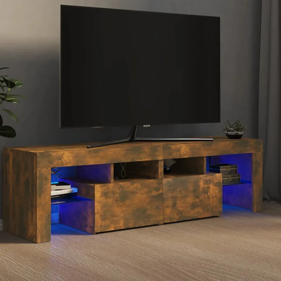 vidaXL Meuble TV avec lumières LED Chêne fumé 140x36,5x40 cm, support tv, armoire média, armoire hifi, unité tv, unité 822641
