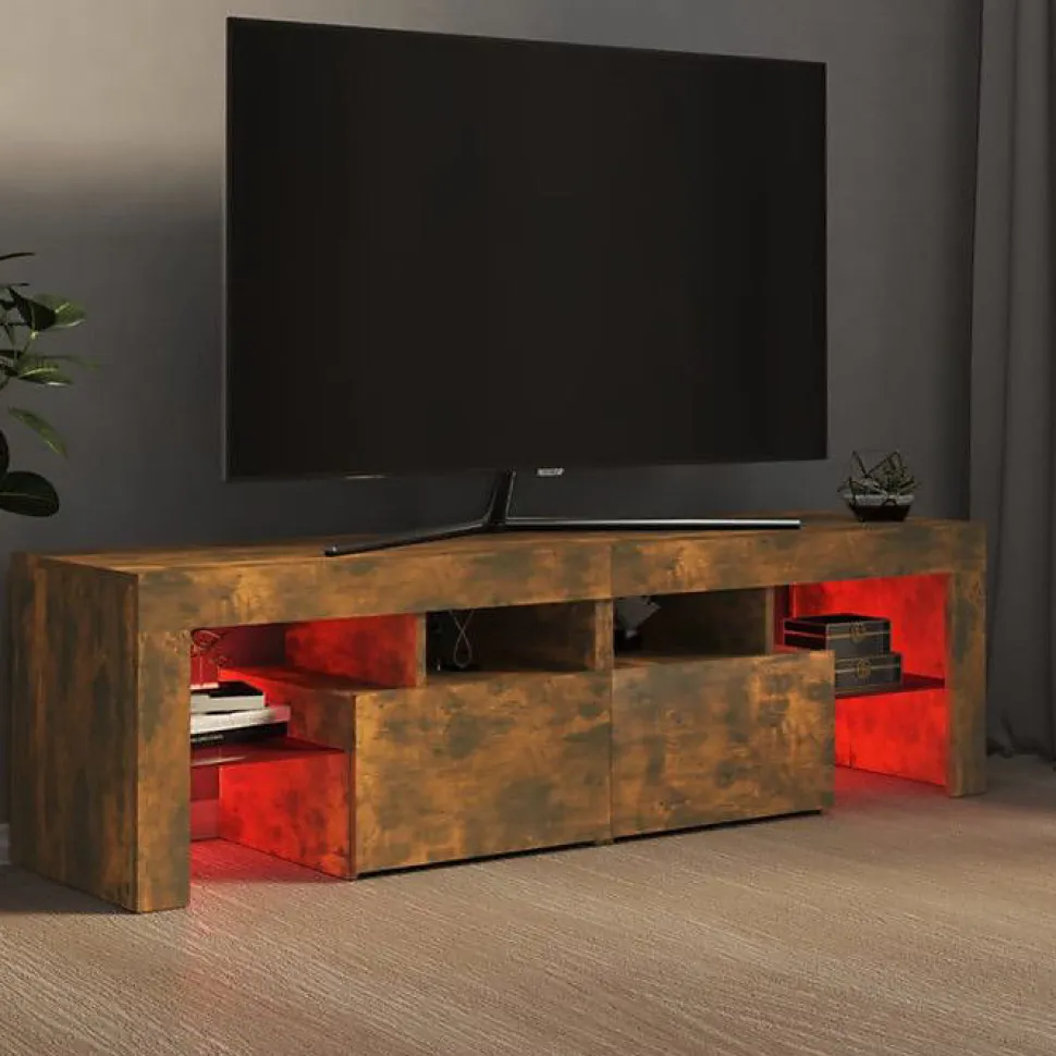 vidaXL Meuble TV avec lumières LED Chêne fumé 140x36,5x40 cm, support tv, armoire média, armoire hifi, unité tv, unité 822641