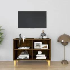 vidaXL Meuble TV avec pieds en bois massif Chêne fumé 69,5x30x50 cm