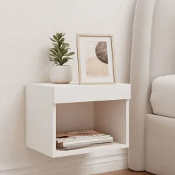 vidaXL Table de Chevet Murale avec Lumières LED, Armoire de Lit Murale avec Rangement, Table de Nuit Suspendue Chambre à 837113