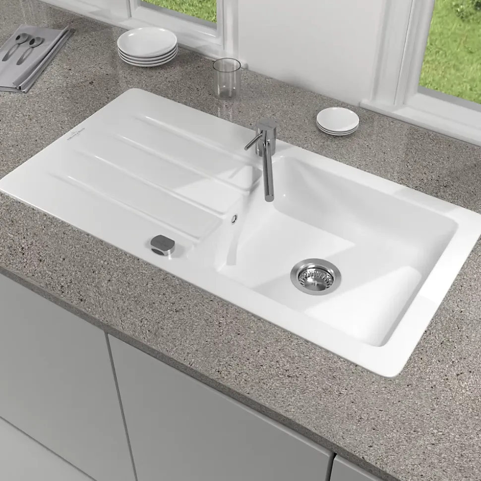 Évier de cuisine en céramique 1 cuve à encastrer Villeroy & Boch Collection blanc brillant