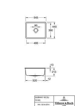 Évier sous-plan en céramique 1 cuve à encastrer Villeroy & Boch Subway gris moyen