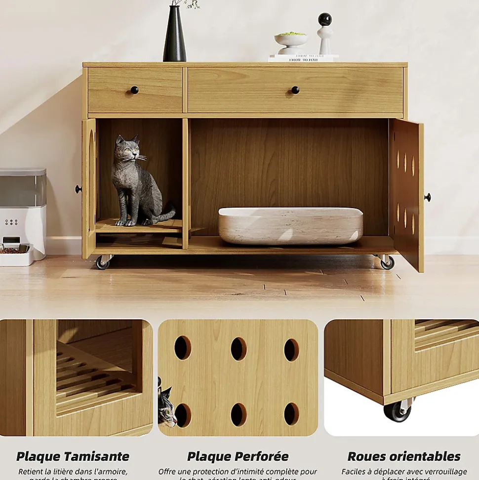 Villa chat + armoire litière - érable jaune, meuble multi-chats, verre