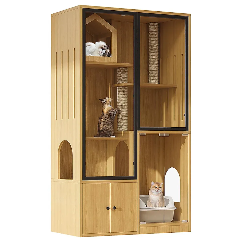 Villa chat + armoire litière - érable jaune, meuble multi-chats, verre