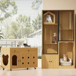 Villa chat + armoire litière - érable jaune, meuble multi-chats, verre