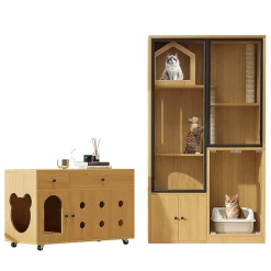 Villa chat + armoire litière - érable jaune, meuble multi-chats, verre