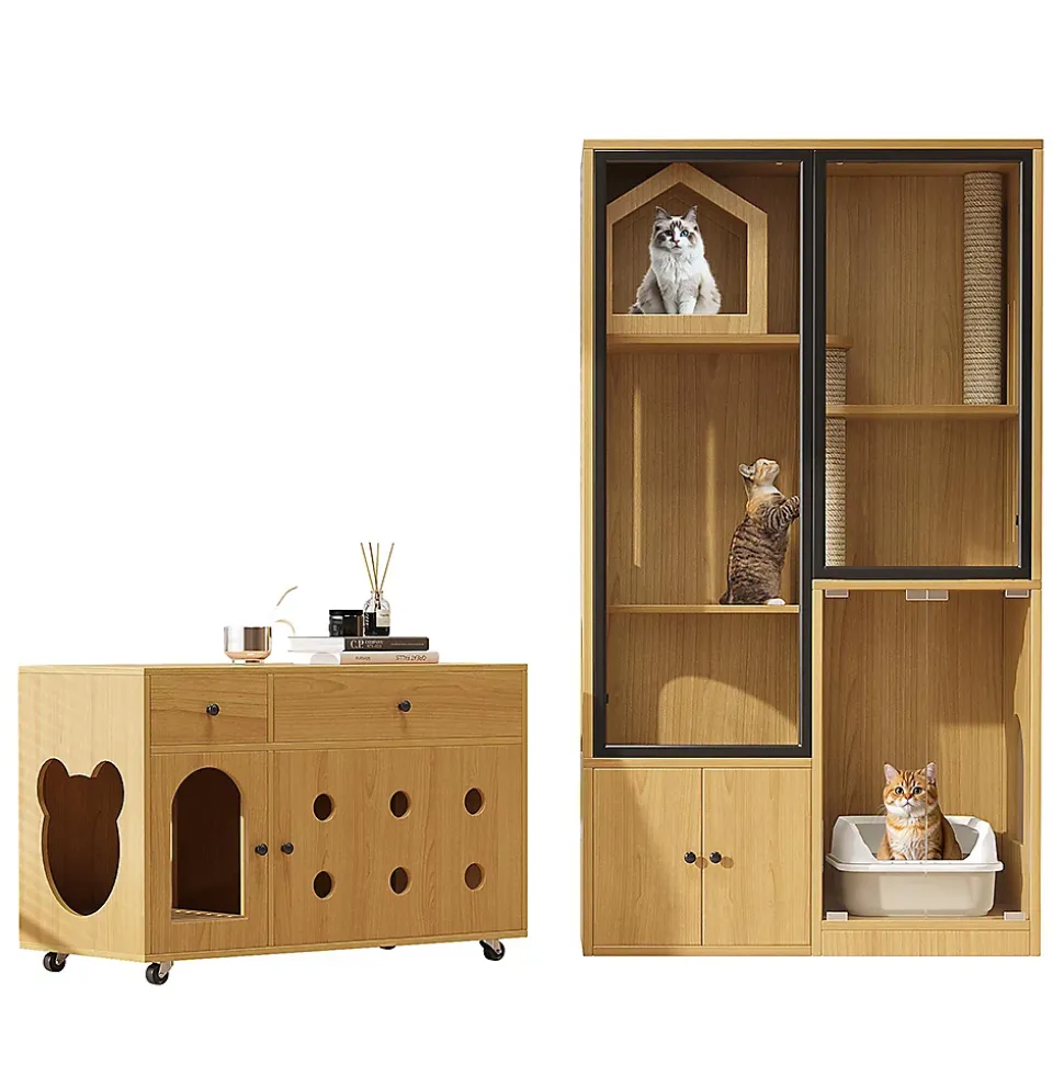 Villa chat + armoire litière - érable jaune, meuble multi-chats, verre