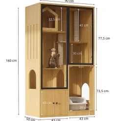 Villa chat + armoire litière - érable jaune, meuble multi-chats, verre