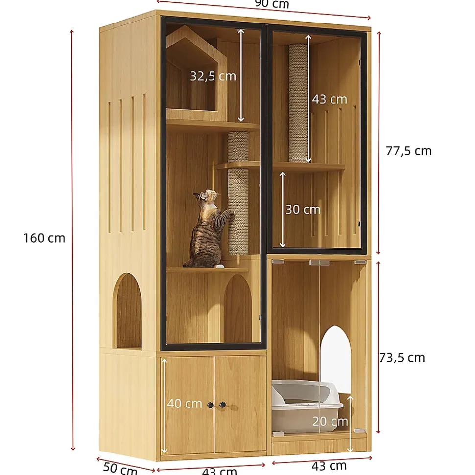 Villa chat + armoire litière - érable jaune, meuble multi-chats, verre