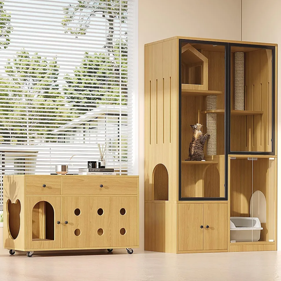 Villa chat + armoire litière - érable jaune, meuble multi-chats, verre
