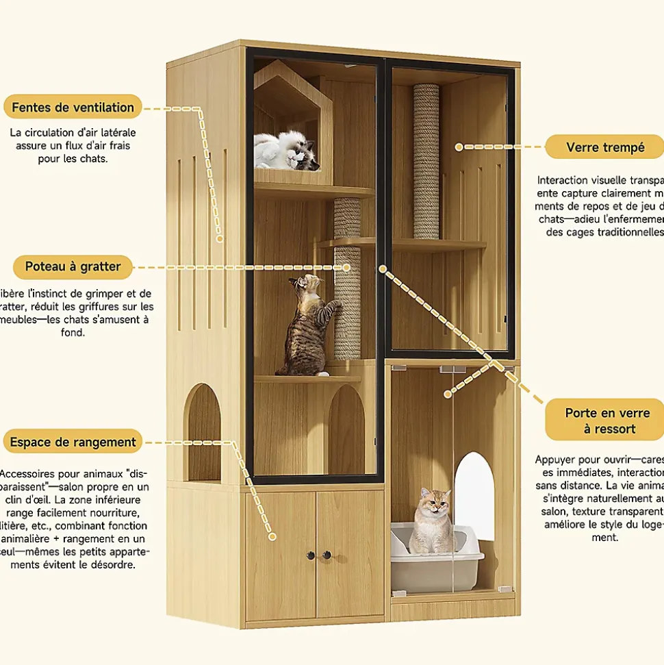 Villa chat + armoire litière - érable jaune, meuble multi-chats, verre