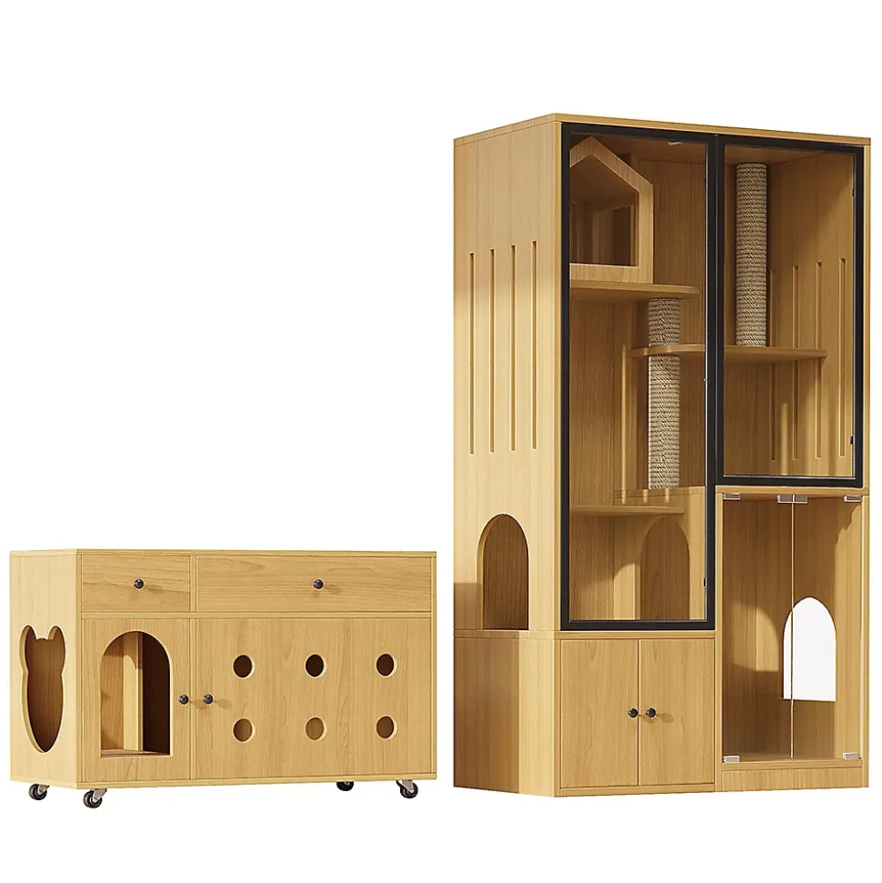 Villa chat + armoire litière - érable jaune, meuble multi-chats, verre