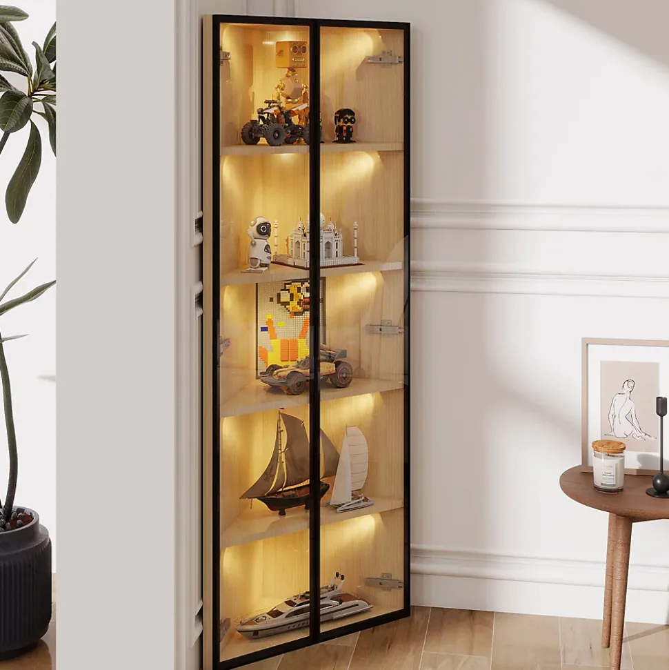 Vitrine - 1 Porte, LED, Verre Trempé, Charnières Silencieuses - MDF - 62 x 35 x 160 cm - Blanc