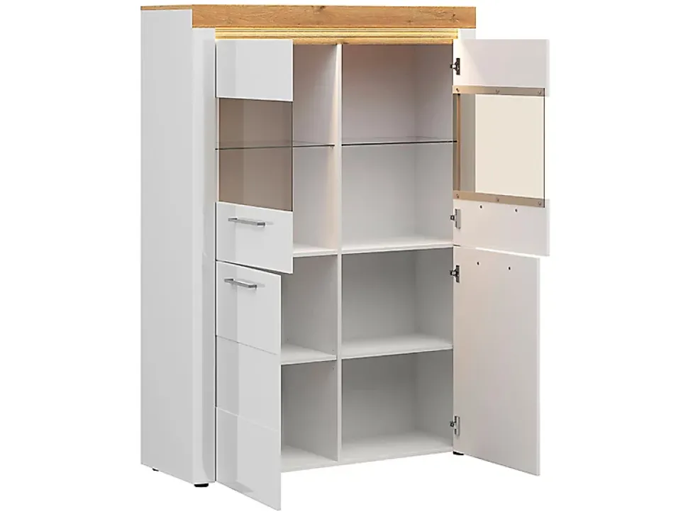 Vitrine à 4 portes avec éclairage LED coloris Chêne doré/Blanc haute brillance - Longueur 119 x Profondeur 42 x Hauteur 166 cm