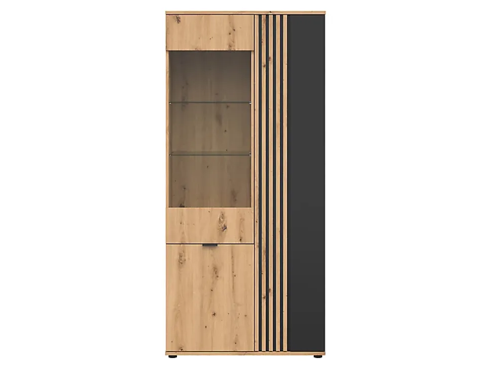 Vitrine à 3 portes avec décor lamelles,coloris Chêne artisan/Noir - Longueur 90,5 x Profondeur 40 x Hauteur 195,5 cm
