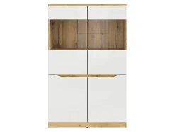 Vitrine à 4 portes avec verre trempé, coloris chêne Wotan/blanc brillant - Longueur 90 x Profondeur 39,5 x Hauteur 142,5 cm