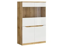 Vitrine à 4 portes avec verre trempé, coloris chêne Wotan/blanc brillant - Longueur 90 x Profondeur 39,5 x Hauteur 142,5 cm