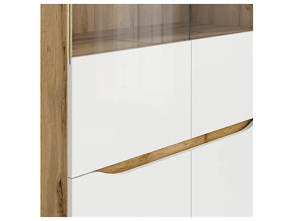 Vitrine à 4 portes avec verre trempé, coloris chêne Wotan/blanc brillant - Longueur 90 x Profondeur 39,5 x Hauteur 142,5 cm