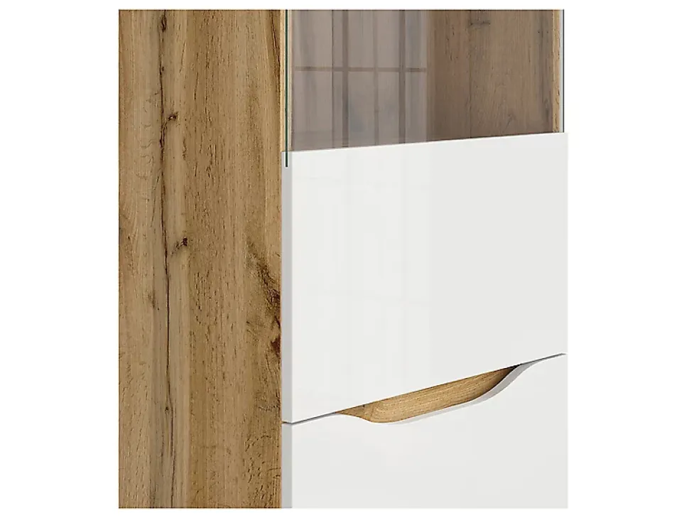 Vitrine à 2 portes avec verre trempé, coloris chêne Wotan/blanc brillant - Longueur 50 x Profondeur 39,5 x Hauteur 197,5 cm