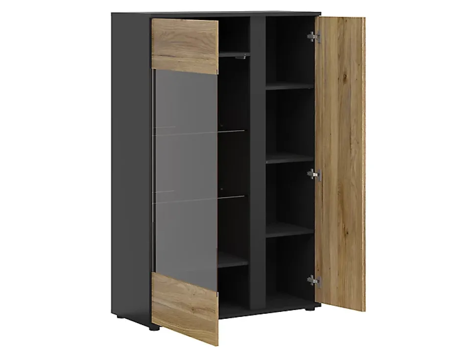 Vitrine à 2 portes et décor lamelles ,coloris Chêne/Noir - Longueur 95 x Profondeur 39,5 x Hauteur 146 cm