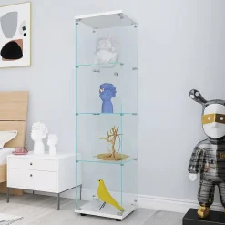 Vitrine à 4 étagères avec porte en verre trempé, sur pied, Bibliothèque et vitrine décorative pour salon, chambre ou bureau
