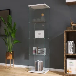 Vitrine à 4 étagères avec porte en verre trempé, sur pied, Bibliothèque et vitrine décorative pour salon, chambre ou bureau