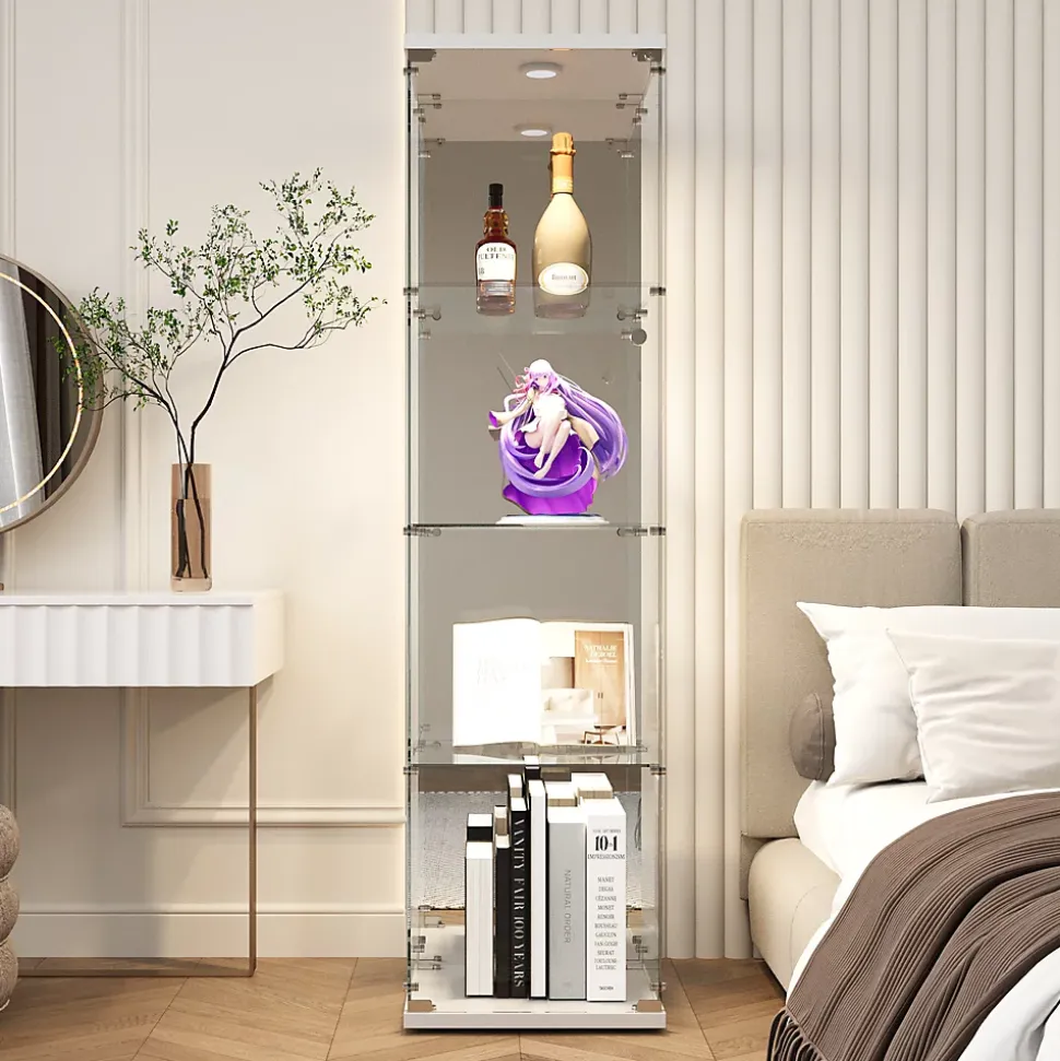 Vitrine à 4 étagères en verre trempé avec finition miroir et LED, Idéale salon, chambre, bureau, exposition et rangemen, blanc