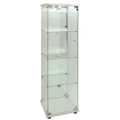 Vitrine à 4 étagères en verre trempé avec finition miroir et LED, Idéale salon, chambre, bureau, exposition et rangemen, blanc