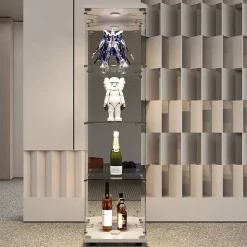 Vitrine à 4 étagères en verre trempé avec finition miroir et LED, Idéale salon, chambre, bureau, exposition et rangemen, blanc