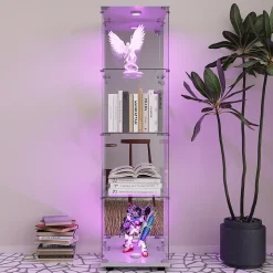 Vitrine à 4 étagères en verre trempé avec finition miroir et LED, Idéale salon, chambre, bureau, exposition et rangemen, blanc