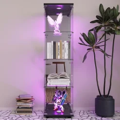 Vitrine à 4 étagères en verre trempé avec finition miroir et LED, Exposition élégante pour salon, chambre ou bureau, Noir