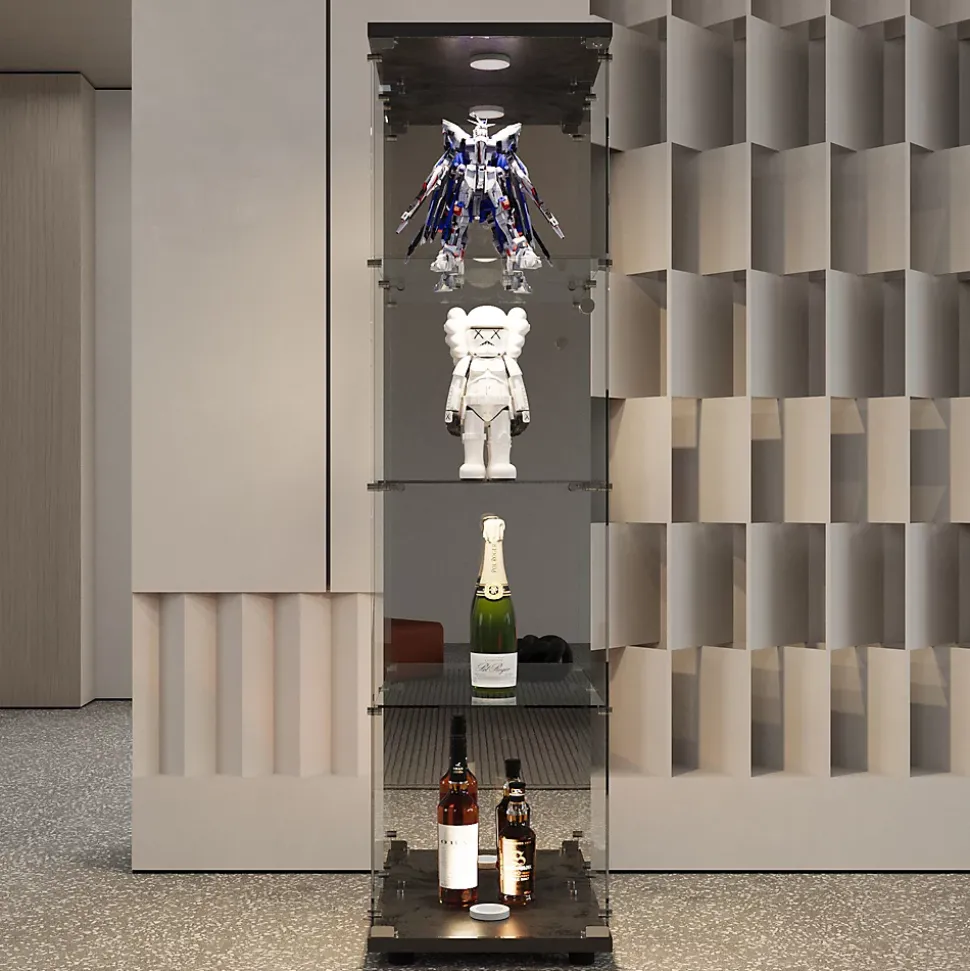 Vitrine à 4 étagères en verre trempé avec finition miroir et LED, Exposition élégante pour salon, chambre ou bureau, Noir