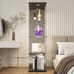 Vitrine à 4 étagères en verre trempé avec finition miroir et LED, Exposition élégante pour salon, chambre ou bureau, Noir