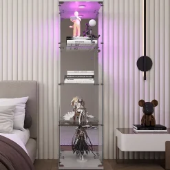 Vitrine à 4 étagères en verre trempé avec finition miroir et LED, Idéale salon, chambre, bureau, exposition et rangemen, Blanc