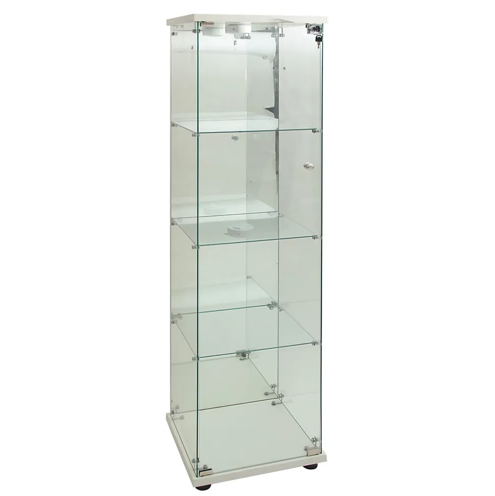 Vitrine à 4 étagères en verre trempé avec finition miroir et LED, Idéale salon, chambre, bureau, exposition et rangemen, Blanc