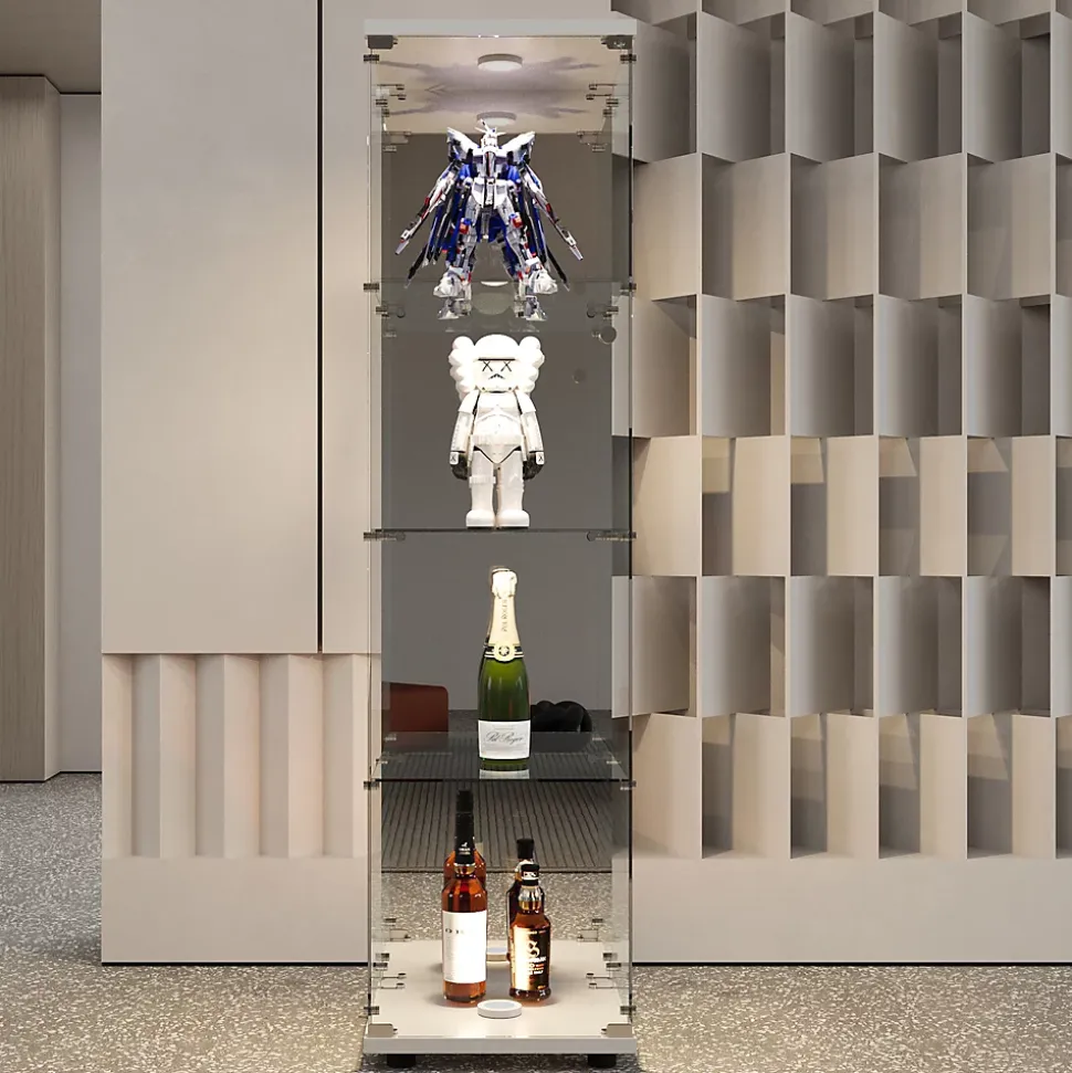 Vitrine à 4 étagères en verre trempé avec finition miroir et LED, Idéale salon, chambre, bureau, exposition et rangemen, Blanc