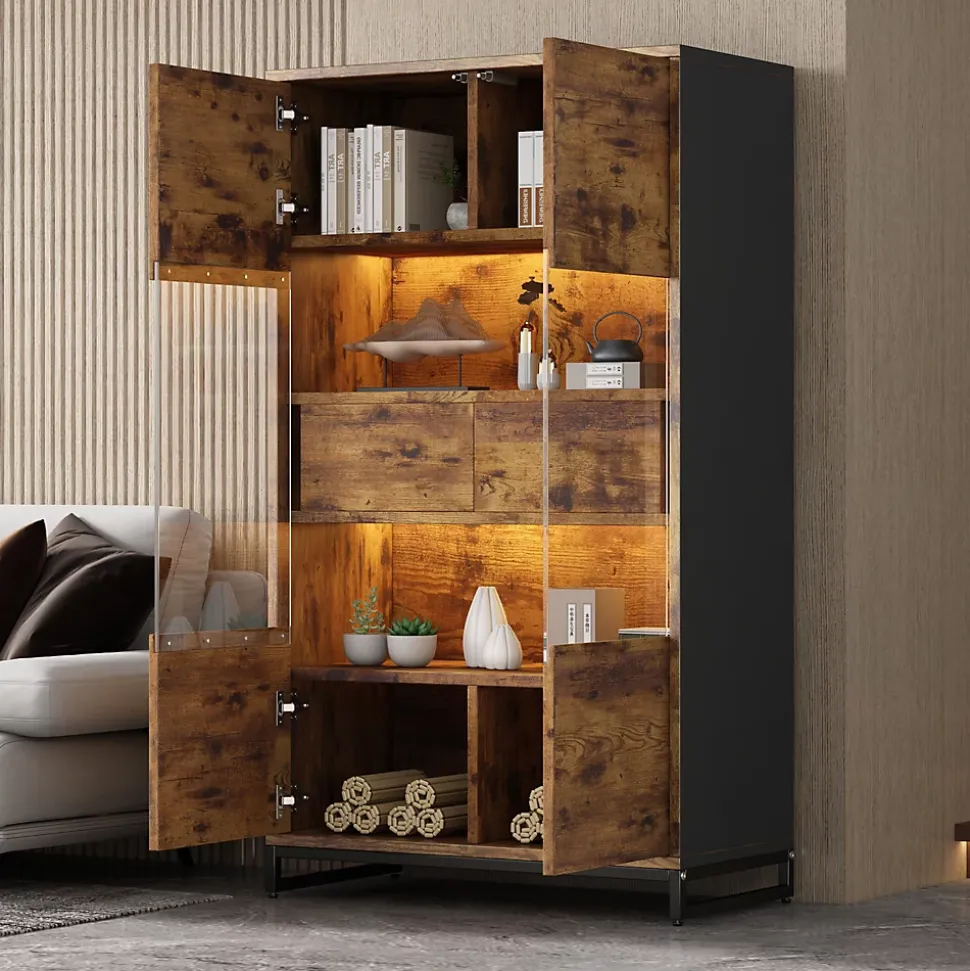 Vitrine - 2 Tiroirs, 2 Portes Acryliques à Pression, LED Bluetooth Via Application - MDF - 80 x 40 x 138 cm - Noir