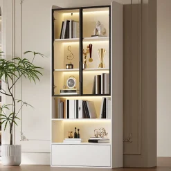 Vitrine - Armoire de Rangement avec Porte en Verre et Éclairage LED Intégré - avec Tiroir - en MDF et Verre - Blanc