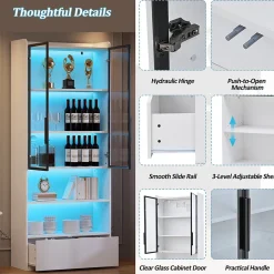 Vitrine - Armoire de Rangement avec Porte en Verre et Éclairage LED Intégré - avec Tiroir - en MDF et Verre - Blanc