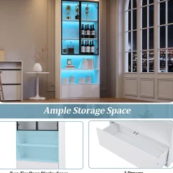 Vitrine - Armoire de Rangement avec Porte en Verre et Éclairage LED Intégré - avec Tiroir - en MDF et Verre - Blanc