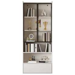 Vitrine - Armoire de Rangement avec Porte en Verre et Éclairage LED Intégré - avec Tiroir - en MDF et Verre - Blanc