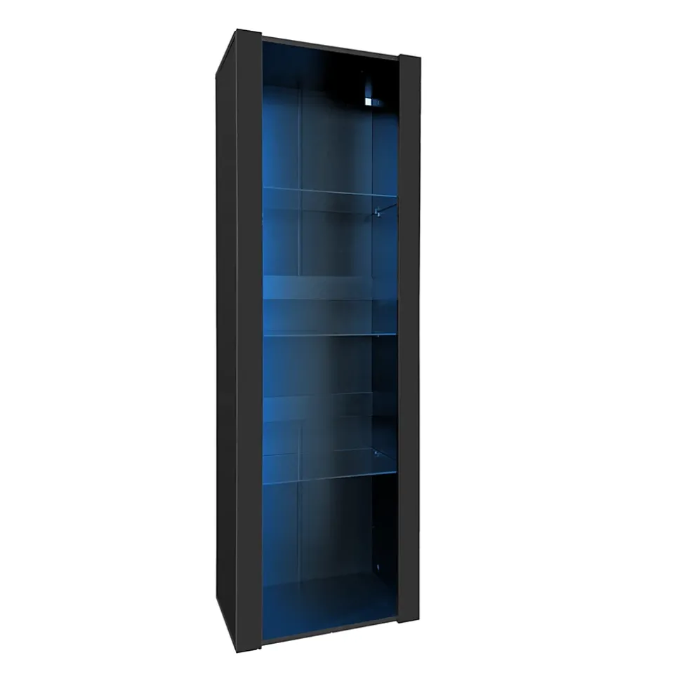 Vitrine - Armoire Vitrine Haute avec 3 Étagères en Verre et LED, Design Moderne, Panneaux de Particules, 55x38x166 cm - Noir