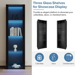 Vitrine - Armoire Vitrine Haute avec 3 Étagères en Verre et LED, Design Moderne, Panneaux de Particules, 55x38x166 cm - Noir