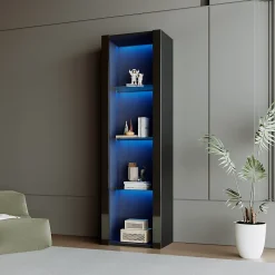Vitrine - Armoire Vitrine Haute avec 3 Étagères en Verre et LED, Design Moderne, Panneaux de Particules, 55x38x166 cm - Noir