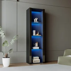 Vitrine - Armoire Vitrine Haute avec 3 Étagères en Verre et LED, Design Moderne, Panneaux de Particules, 55x38x166 cm - Noir