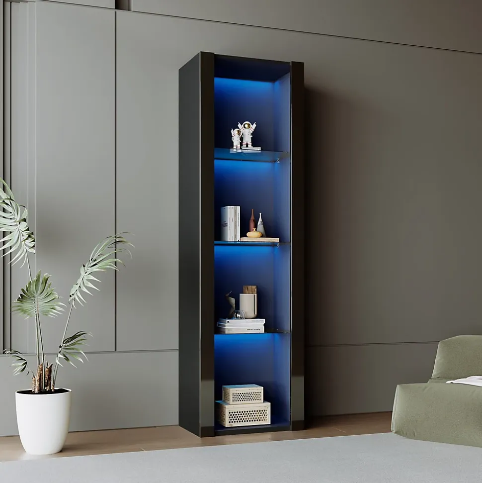 Vitrine - Armoire Vitrine Haute avec 3 Étagères en Verre et LED, Design Moderne, Panneaux de Particules, 55x38x166 cm - Noir